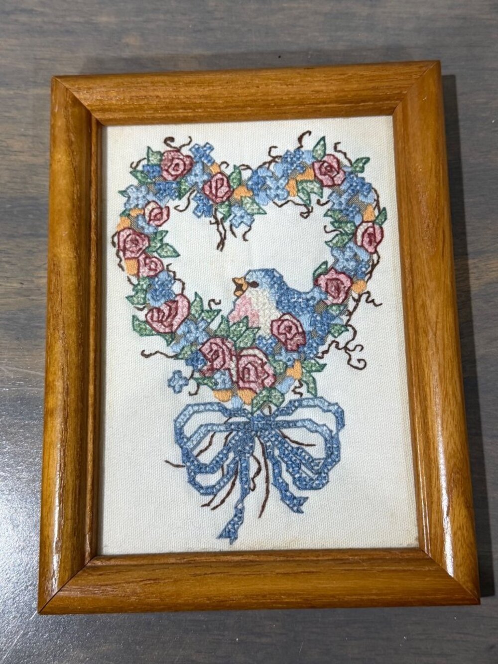 Vintage Framed Cross Stitch Needlepoint Floral Hear and Blue Bird Cottage Core